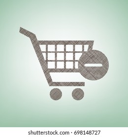 Vector Shopping Cart with Remove sign. Vector. Brown flax icon on green background with light spot at the center.
