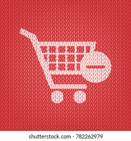 Vector Shopping Cart with Remove sign. Vector. Knitted white icon on a red knitted background.