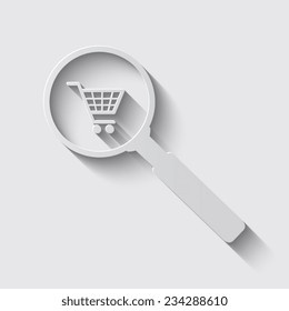 Vector shopping cart with Search Icon with shadow on a grey background