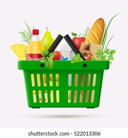 Vector shopping cart. A set of food products inside of green shopping cart