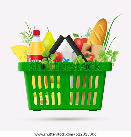 Vector shopping cart. A set of food products inside of green shopping cart