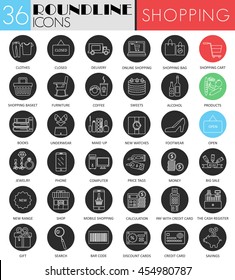 Vector Shopping circle white black icon set. Modern line black icon design for web