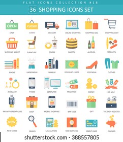 Juego de iconos planos de color de compra de vectores. Elegante estilo de los íconos de compras para la web y aplicaciones.