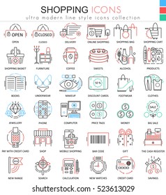 Vector Shopping e commerce color line outline icons for apps and web design. Shopping mall commerce icons