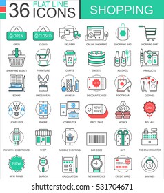 Vector Shopping e-commerce color flat line outline icons for apps and web design. Shopping mall commerce icons elements