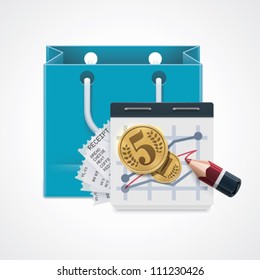 Icono de gastos de compra de vectores. Incluye bolso de compras, cuaderno con cartas, monedas y lápiz