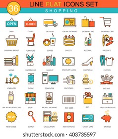 Vector Shopping flat line icon set. Modern elegant style design shopping mall icons for web or apps.