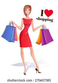 Vector shopping girl with shopping bags. 