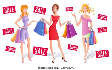 Vector shopping girl with shopping bags. 