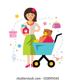 Vector shopping girl. Flat style colorful Cartoon illustration.