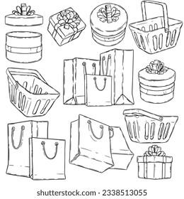 Vector shopping hand drawn bag set, gift box, shopping cart isolated on white