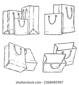 Vector shopping hand drawn bag silhouette set isolated on white