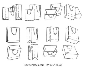 Vector shopping hand drawn bag silhouette set isolated on white
