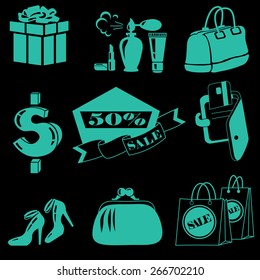 Vector shopping icon set on black.