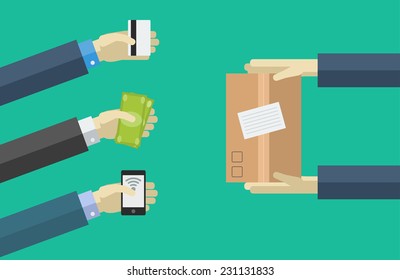 Vector shopping icons in flat style. order, pay, deliver.