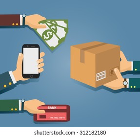 Vector shopping icons in flat style. order, pay, deliver.