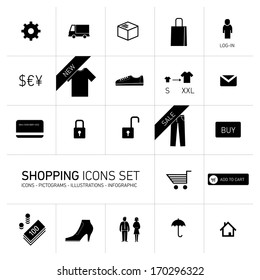 Vector shopping icons set of abstract squares illustration, typography and pictograms | flat design infographic template black on white background