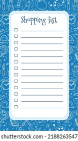 Vector Shopping List Template With School Items Background In Doodle Style. Memo, To Do, Grocery, Daily Planner Page, Gift List, Stationery In Blue And White Colors