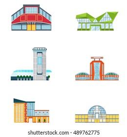Vector shopping mall building. Set of colorful city store. Market shop place. Flat cartoon supermarket illustration. Objects isolated on a white background.