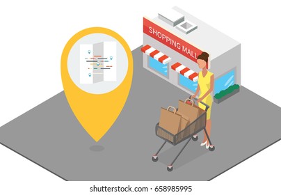 Vector Shopping mall and housewife with a shopping trolley cart. stock vector