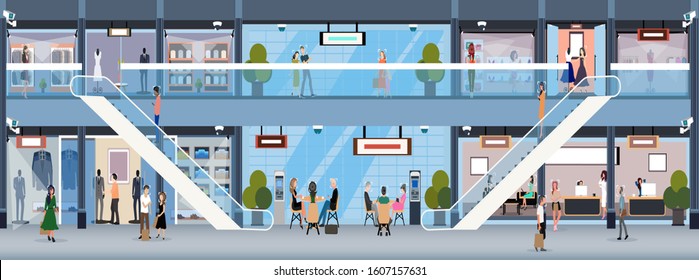 Vector of a shopping mall with security cameras and facial recognition technology tracking customers 