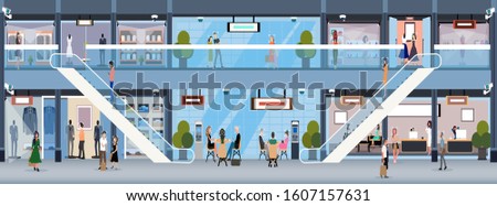 Vector of a shopping mall with security cameras and facial recognition technology tracking customers 