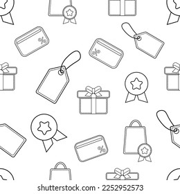 Vector Shopping Outline Seamless Pattern Price tag Credit Card Most Selling Medal Gift Box and Shopping Bag Icons. Black Line Style e Commerce Printable Texture. Cann be used for print or web.