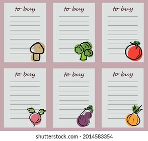 Vector shopping planner hand drawn with original design and illustrations of vegetables. List of recipes.