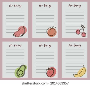 Vector shopping planner hand drawn with original design and illustrations of fruits. List of recipes.