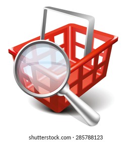 Vector Shopping Red Cart and Magnifying Glass Icon. Modern design 3d style icon, isolated on white background