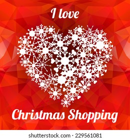 Vector shopping sale background with heart of snowflakes, happy valentines day card template, happy new year, merry Christmas card on red polygon background. You can use it as a card or invitation