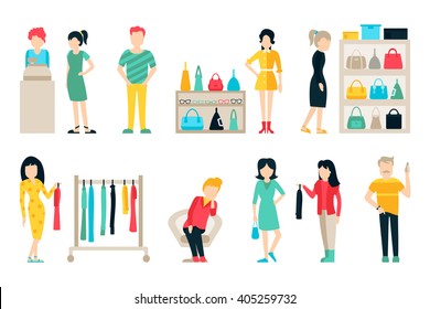 Vector shopping and shipping flat icons set. Mall Staff, Happy Buyers Isolated On White Background, Furniture, Clothes, People Vector Illustration, Graphic Editable For Your Design