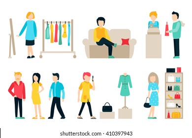 Vector shopping and shipping flat icons set. Mall Staff, Happy Buyers Isolated On White Background, Furniture, Clothes, People Vector Illustration, Graphic Editable For Your Design