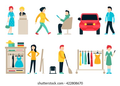 Vector shopping and shipping flat icons set. Mall Staff, Happy Buyers Isolated On White Background, Furniture, Clothes, People Vector Illustration, Graphic Editable For Your Design