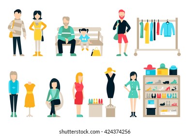 Vector shopping and shipping flat icons set. Mall Staff, Happy Buyers Isolated On White Background, Furniture, Clothes, People Vector Illustration, Graphic Editable For Your Design