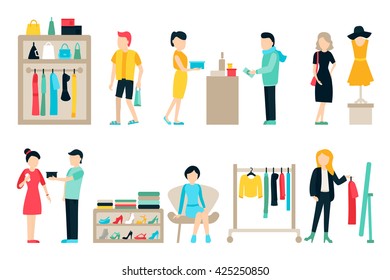 Vector shopping and shipping flat icons set. Mall Staff, Happy Buyers Isolated On White Background, Furniture, Clothes, People Vector Illustration, Graphic Editable For Your Design
