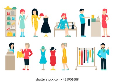 Vector shopping and shipping flat icons set. Mall Staff, Happy Buyers Isolated On White Background, Furniture, Clothes, People Vector Illustration, Graphic Editable For Your Design