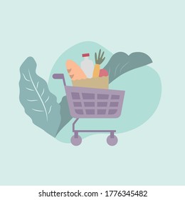 Vector shopping trolley with food