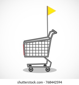 Vector shopping trolley with yellow flag. Shopping carts. Business Retail Equipment.
