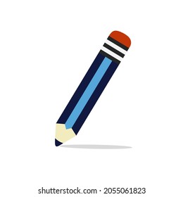 Vector short blue pencil, realistic drawing cartoon with rubber eraser