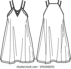 Vector short flared dress fashion CAD, woman a shape dress with frills technical drawing, dress with thin shoulder straps template, flat, sketch. Jersey or woven fabric dress with front, back view