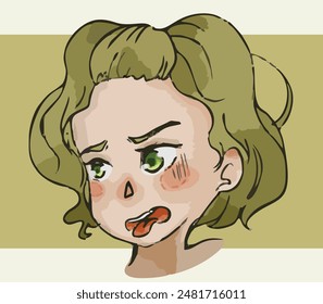 VECTOR OF SHORT LIGHT GREEN HAIRED GIRL FEEL DISGUST WHILE STICKING HER TONGUE