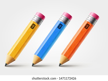 Vector short pencil, realistic pencil isolated cartoon with rubber eraser.