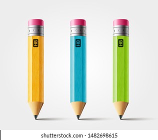 Vector short pencil, realistic pencil isolated cartoon with rubber eraser.