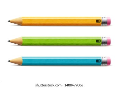 Vector short pencil, realistic pencil isolated cartoon with rubber eraser.