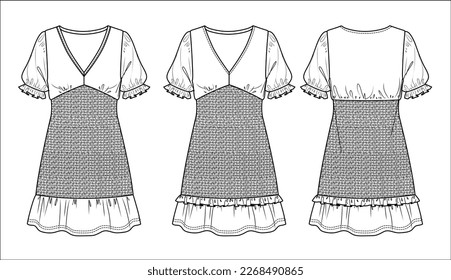 Vector short sleeve mini dress technical drawing, woman tired dress with frill, smock detail fashion CAD, sketch, template, flat. Jersey or woven fabric dress with front, back view, white color