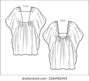 Vector short sleeve square neck mini dress technical drawing, woman kaftan dress with frill detail fashion CAD, sketch, template, flat. Jersey or woven fabric dress with front, back view, white color