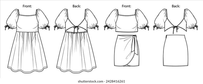 Vector de manga corta de cuello cuadrado mini vestido dibujo técnico, falda de mujer y blusa con detalle de lazo de moda CAD, boceto, plantilla, plano. Jersey o tela tejida 3 piezas conjunto, frente, vista posterior, color blanco