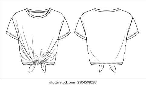 Vector de manga corta de moda CAD, blusa de cuello redondo de mujer con dibujo técnico de detalle de arco, plano, boceto, burla hacia arriba, plantilla. Camiseta de tela Jersey o tejida con vista frontal, trasera, color blanco