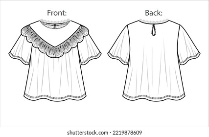 Vector short sleeve top with ruffles fashion CAD, woman blouse with frills and lace details technical drawing, template, sketch, flat. Jersey or woven fabric top with front, back view, white color